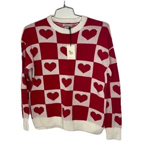 NWT Sincerely Jules Checker Heart Long Sleeve Knit Pullover Woman’s Small Red